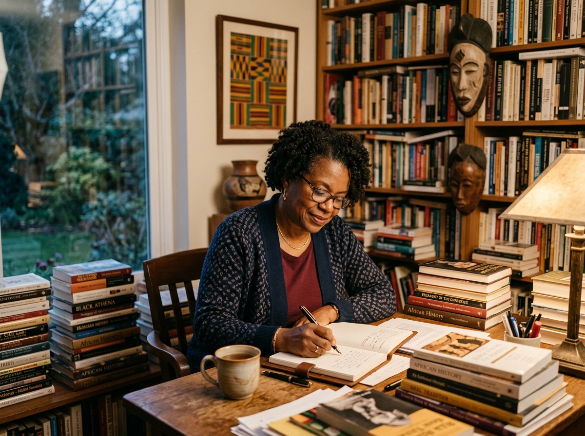 Black professor writing at desk surrounded by books