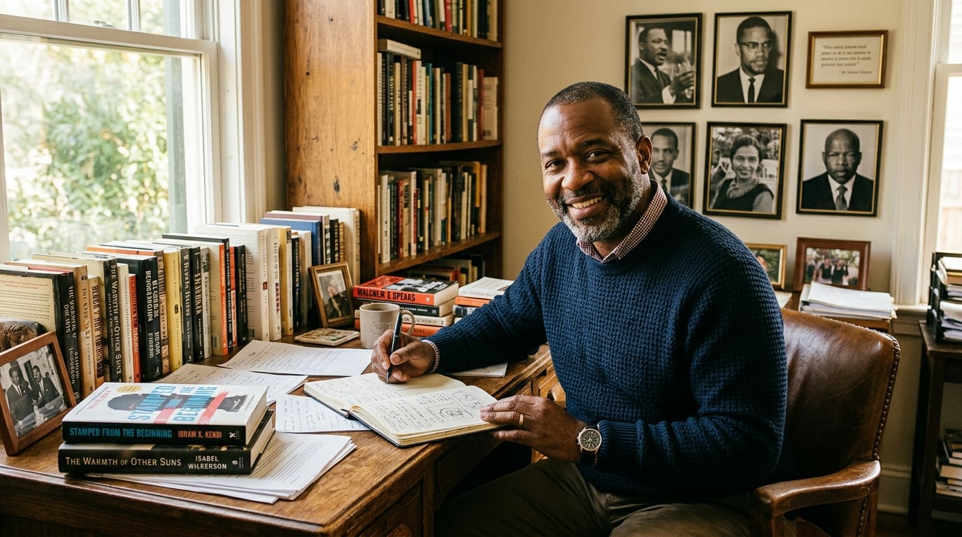 Freddie Taylor at his desk surrounded by Black history books
