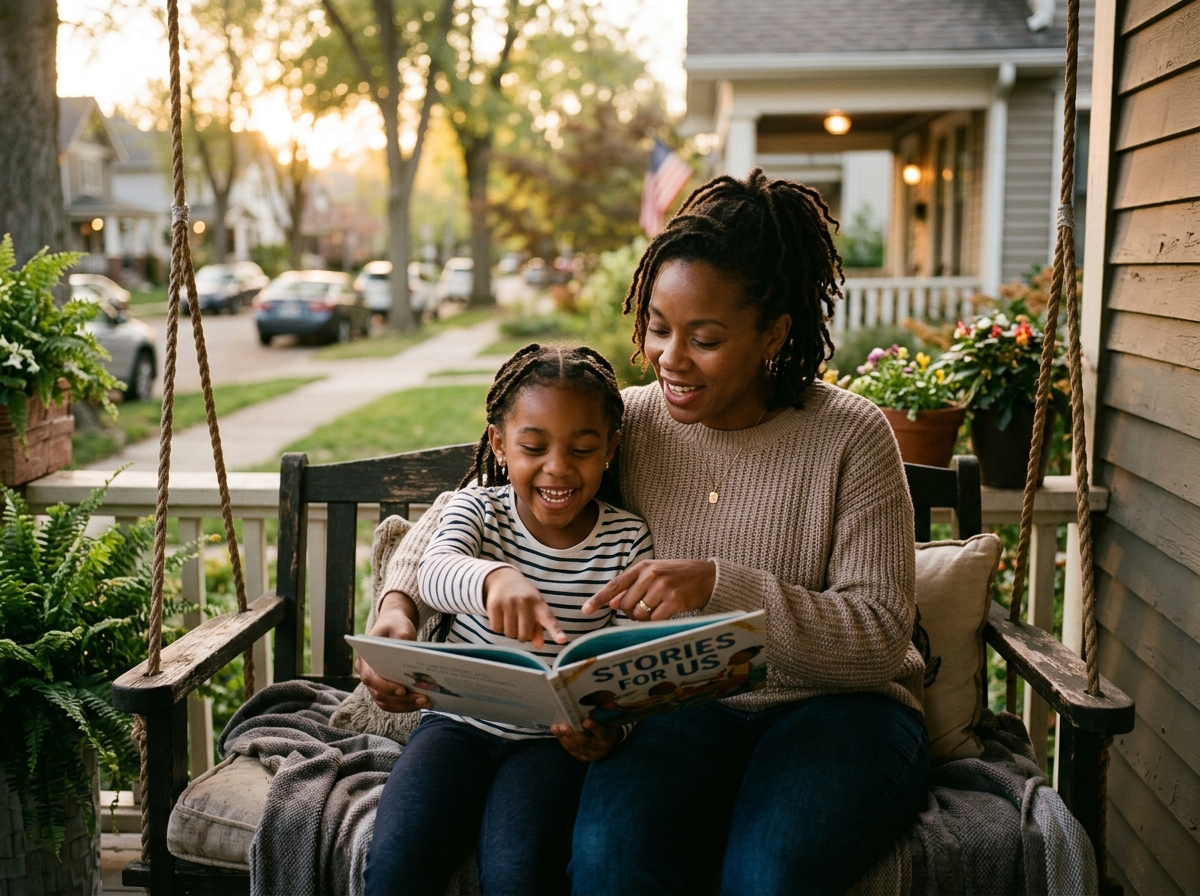 Black mother and daughter reading together on a porch swing