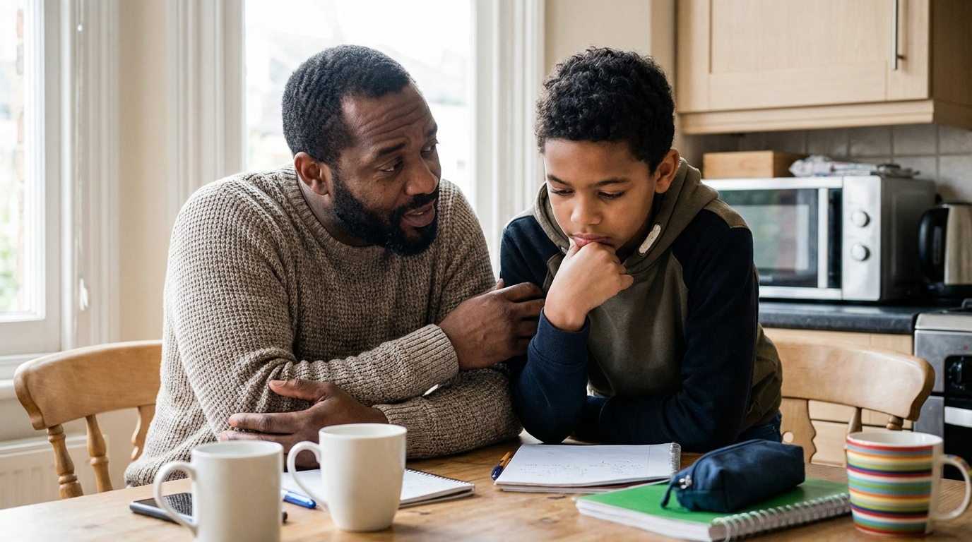 Black father having a serious but loving talk with his preteen son