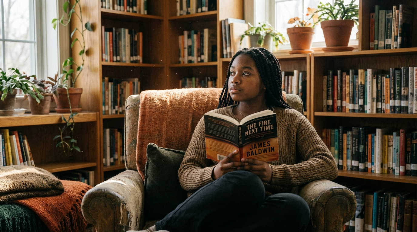 Black teenage girl reading a book thoughtfully in her bedroom