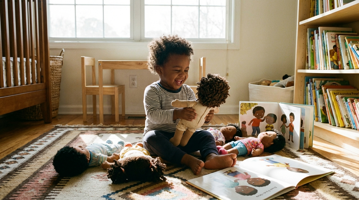 Young Black child playing with diverse dolls and picture books