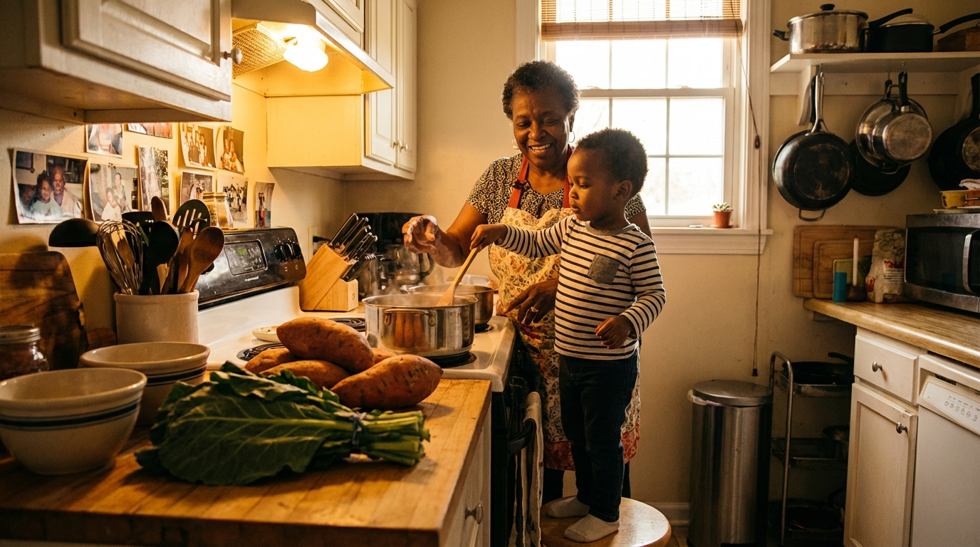 Black grandmother and grandchild cooking soul food together