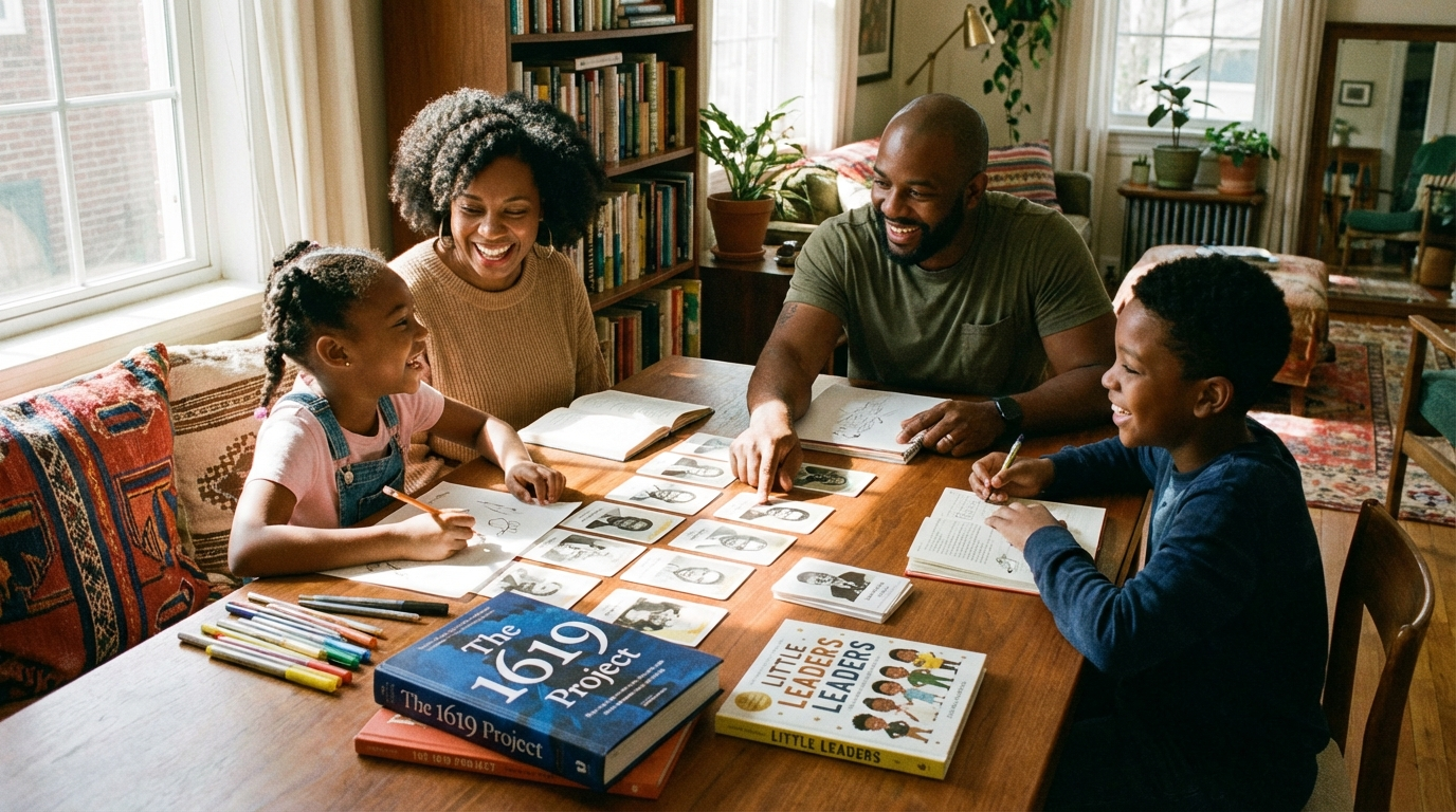 Black family doing Black history activities together at a dining table