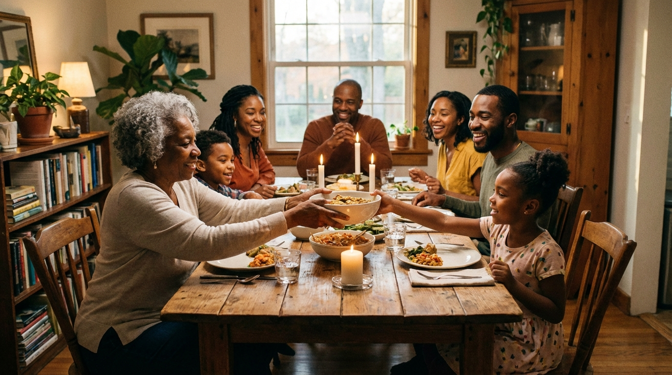 Black family dinner table with multiple generations