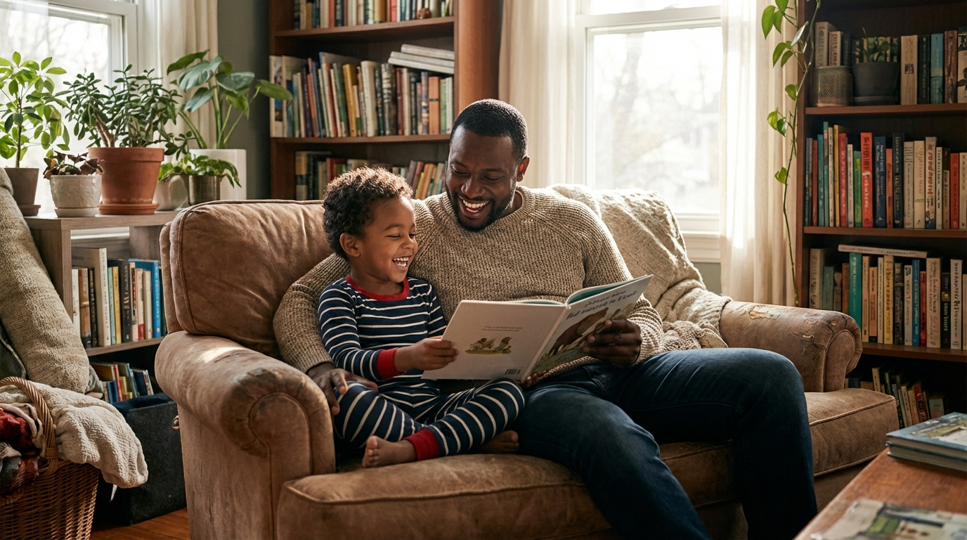 Black father reading with son on couch