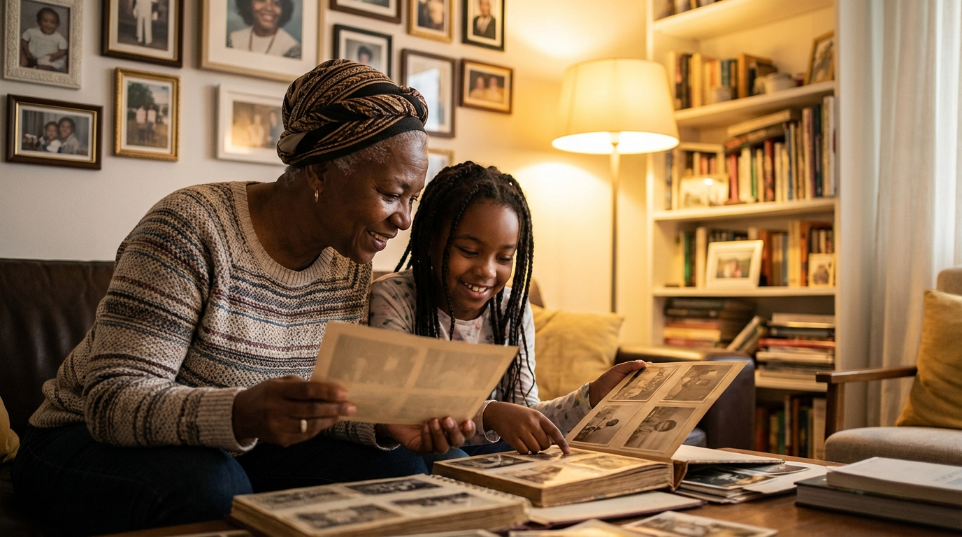 Black grandmother and granddaughter looking at photographs together