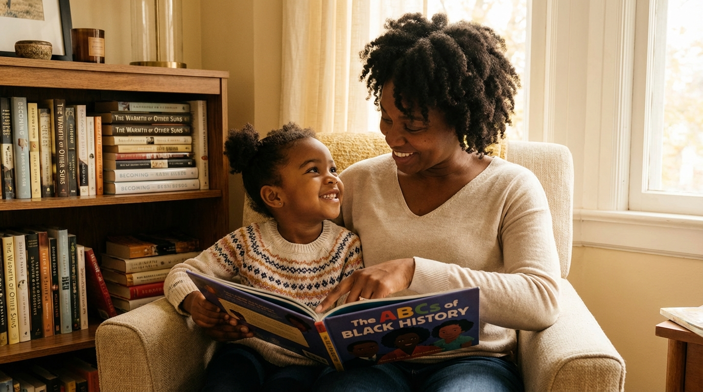 Black mother and daughter reading together