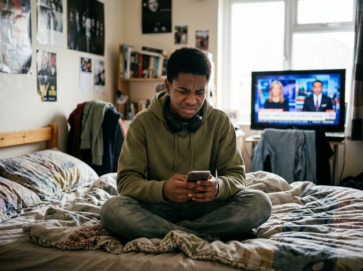 Black teenager critically examining media on their phone