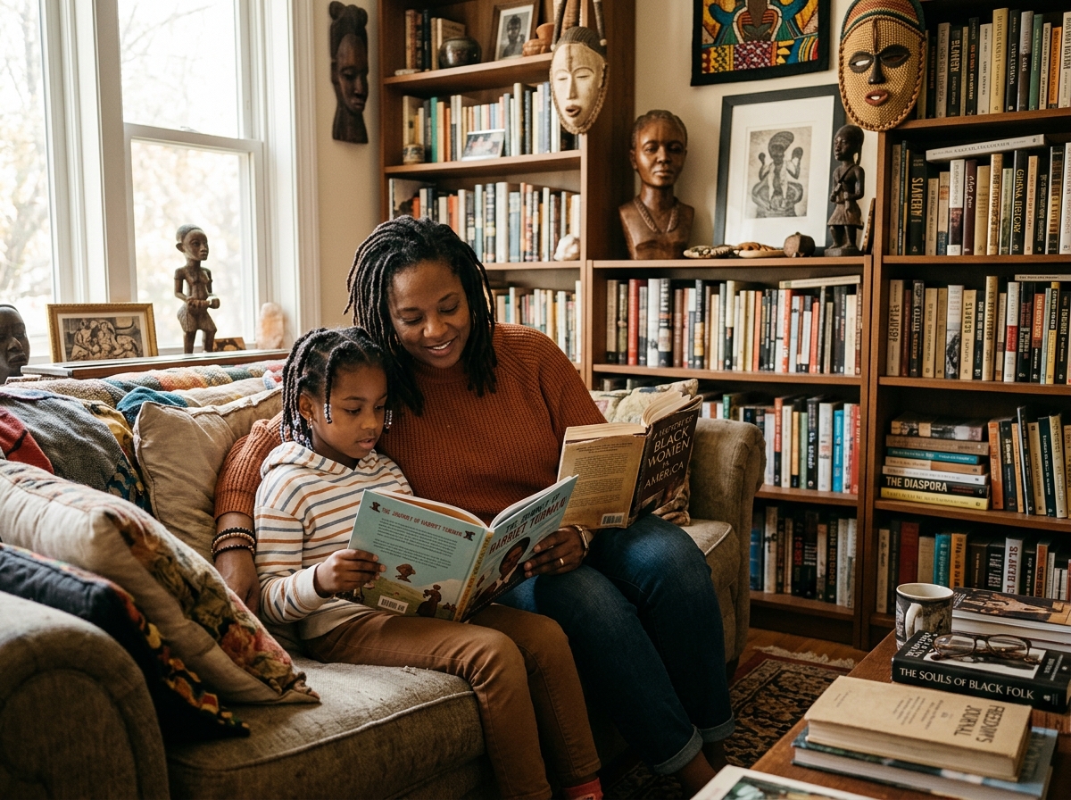 Black mother and daughter reading history together