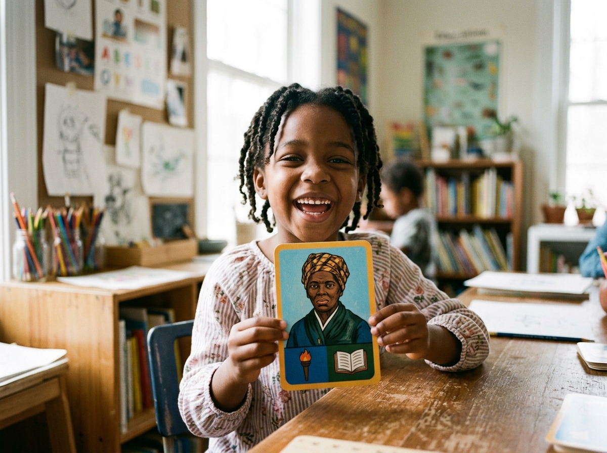 Black child proudly holding educational history flashcard