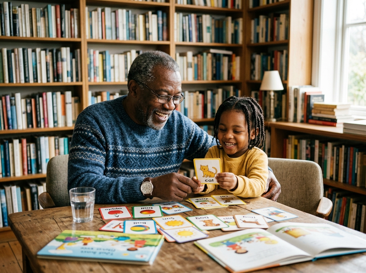 Black grandparent and grandchild with educational history flashcards