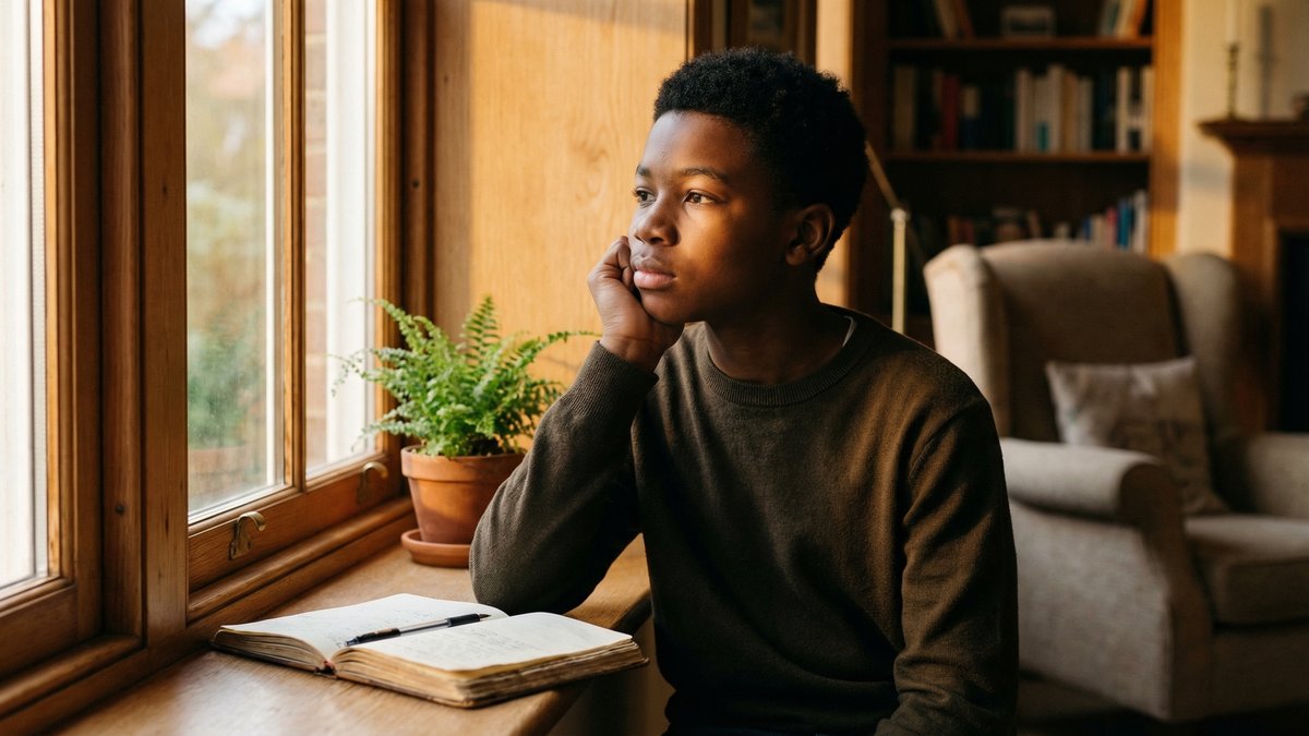 Thoughtful Black teenager reflecting by window
