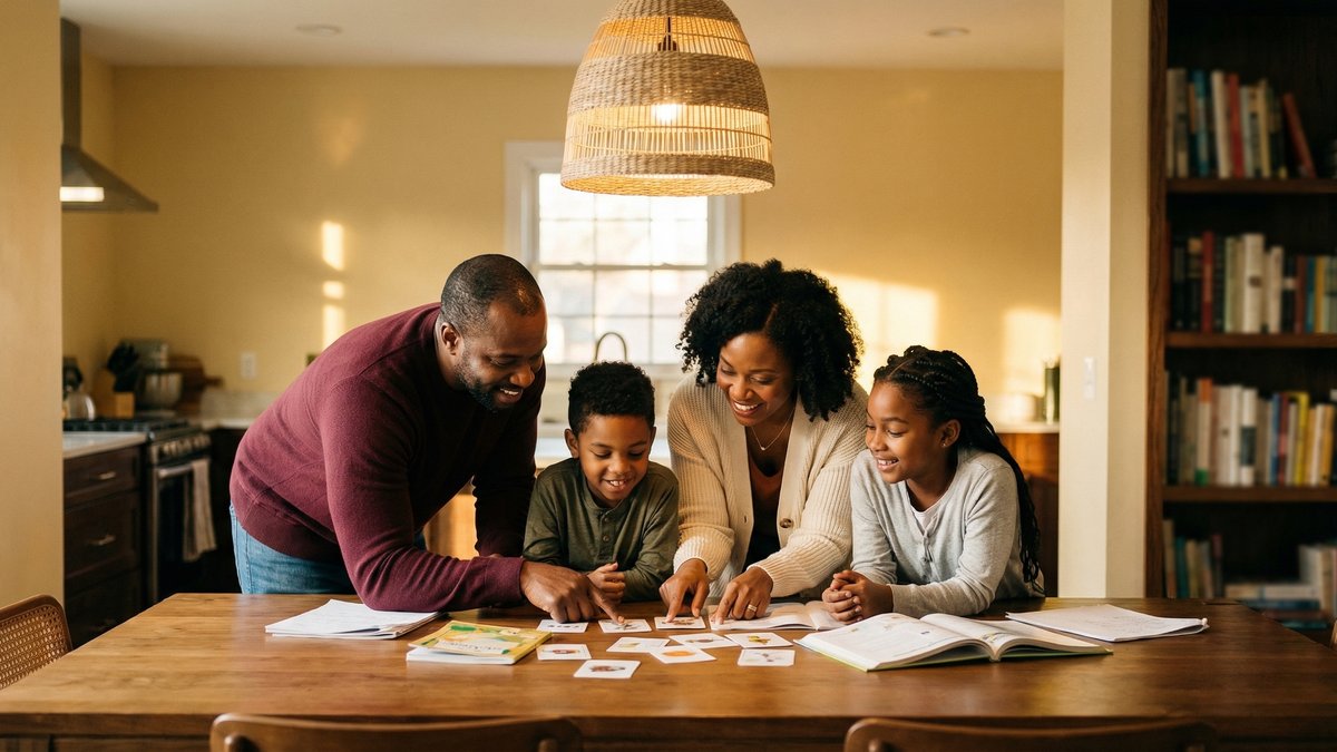 Black family learning together at home