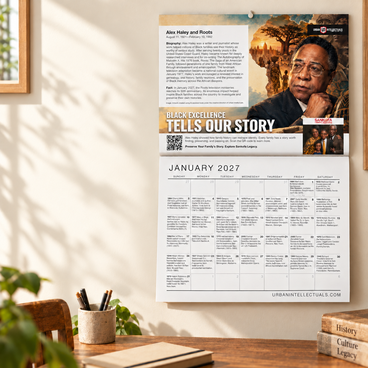 2027 Black History Calendar — Home Lifestyle 2027 Black History wall calendar hanging in a sunlit home study