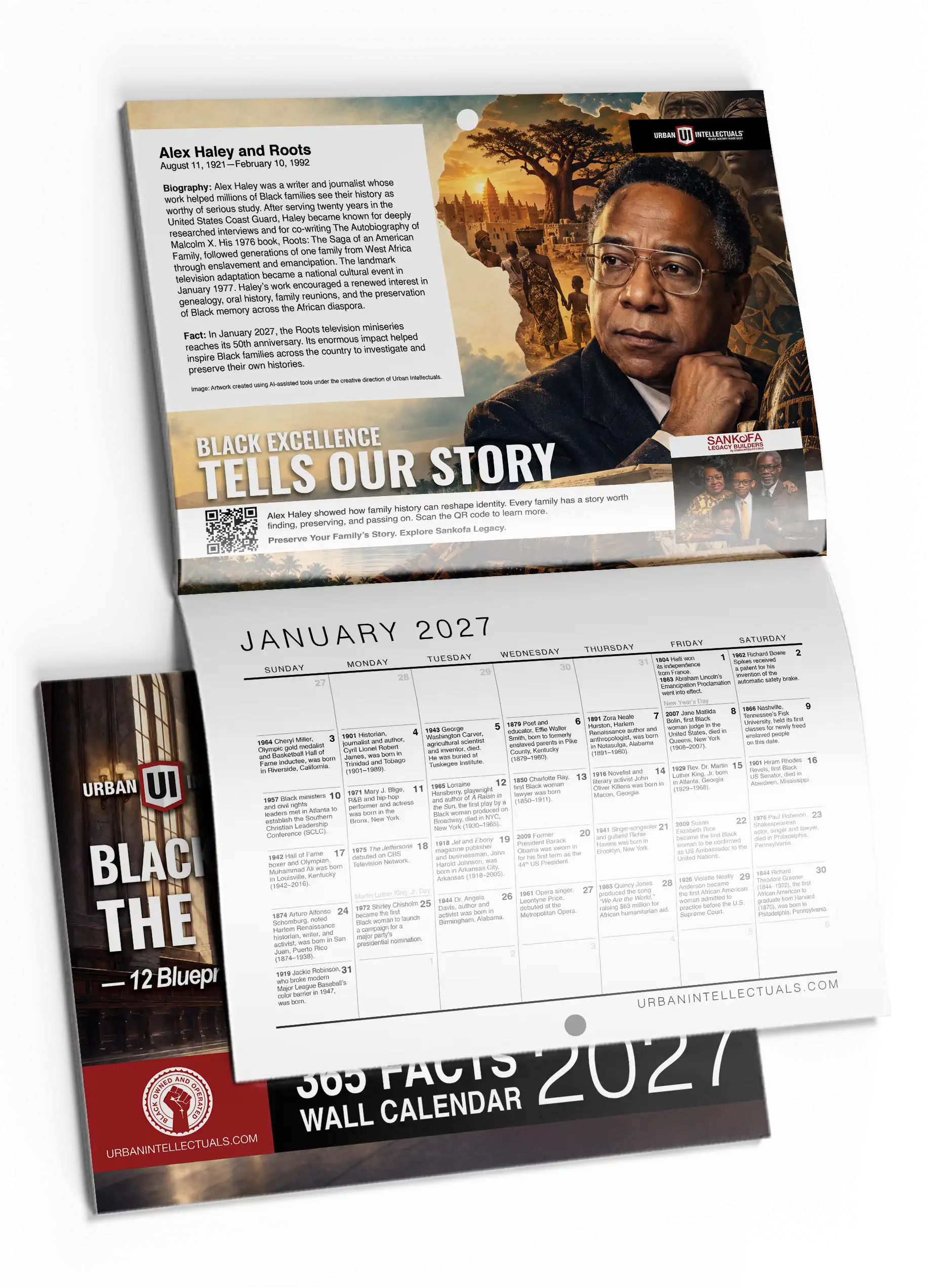 Open 2027 Black History Wall Calendar — January spread with Alex Haley and Roots